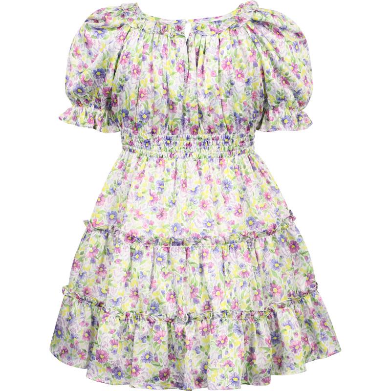 Abel & Lula Colorful flowers all over ruffled detailing dress in white