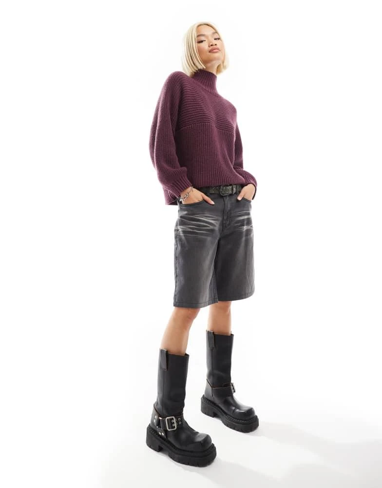Monki Monki Libby high neck knitted rib jumper in burgundy 4