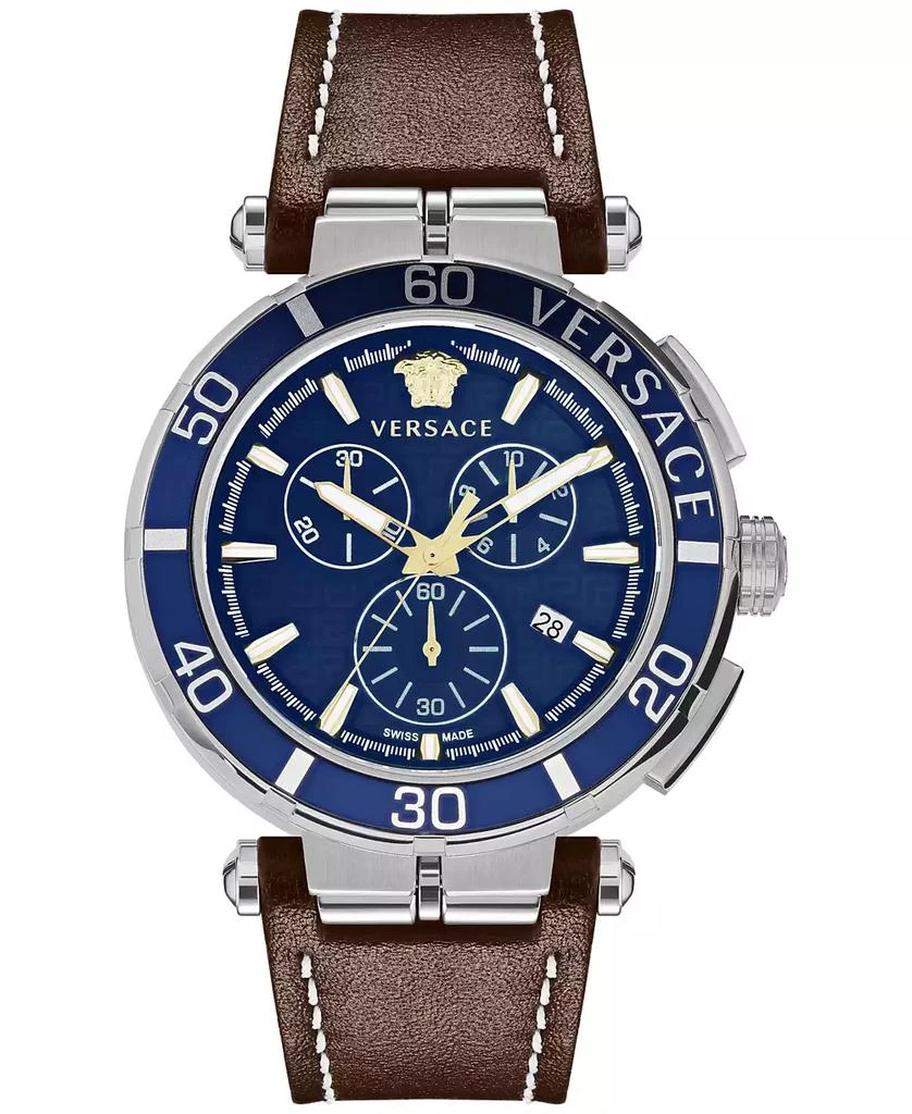 Men's Swiss Chronograph Greca Brown Leather Strap Watch 45mm – On