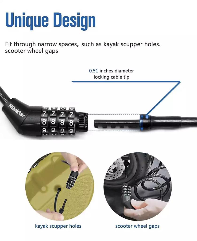 Urbanmax Bike Lock, Extra Long Straight Cable Lock 6ft with Resettable Combination, Unique Male Narrow Designed to Especially Suitable for Kayak, Scooter and Paddle Boards Canoe Jet Ski