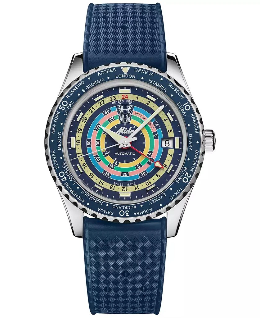 MIDO Unisex Swiss Automatic Ocean Star Decompression Worldtimer Blue Rubber Strap Watch 41mm 1