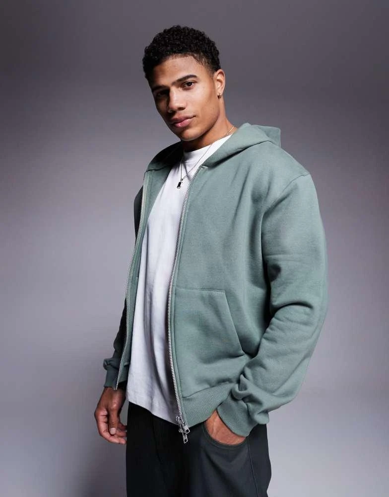 ASOS ASOS DESIGN premium heavyweight boxy oversized zip through hoodie 400gsm in mid green - KHAKI 1
