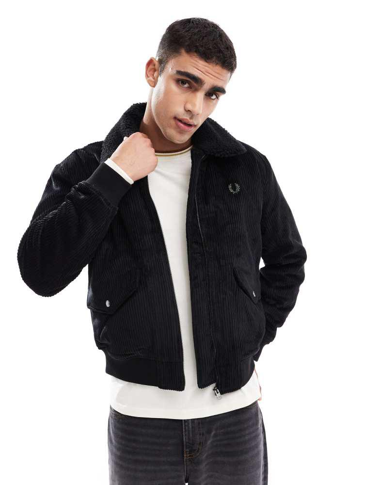 Fred Perry ボア ジャケット 黒 Shop Fred Perry cord bomber jacket in black with removable borg