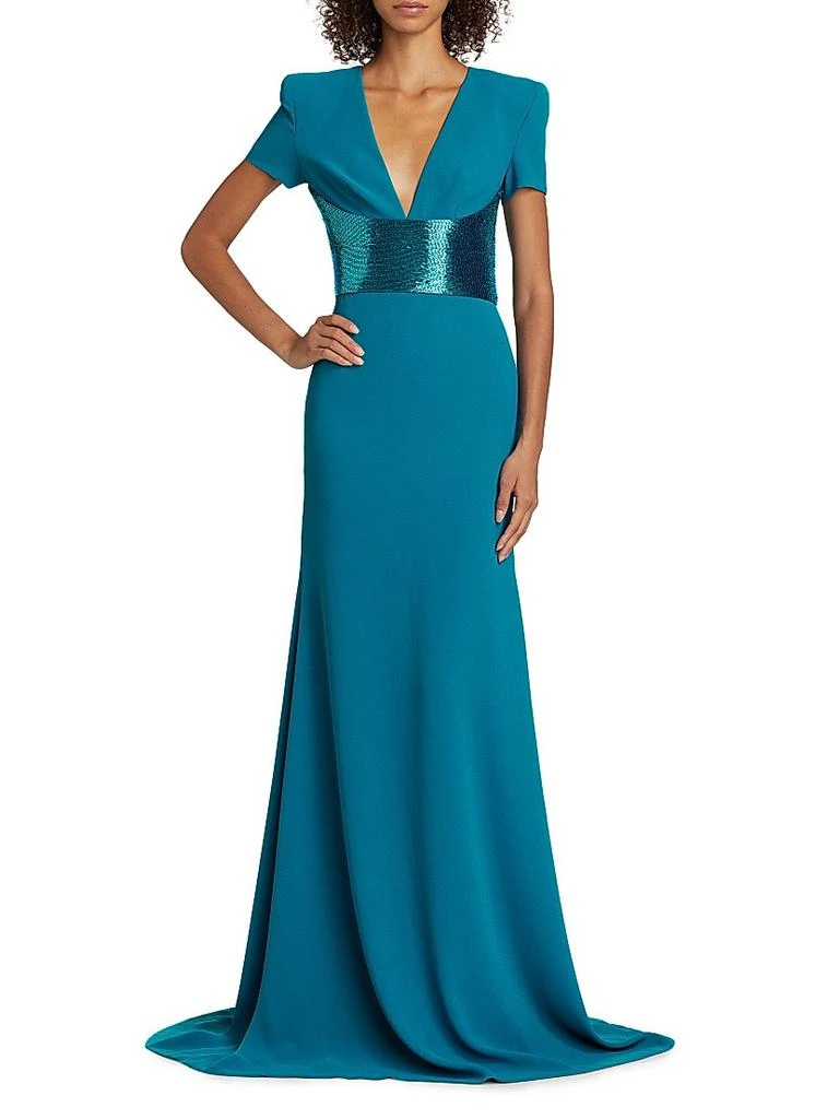Naeem Khan Sequined-Waist Short-Sleeve Gown 3