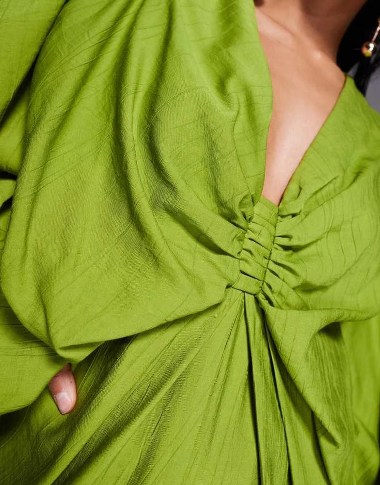 ASOS ASOS DESIGN Petite plunge elasticated maxi dress with blouson sleeve in lime green 3
