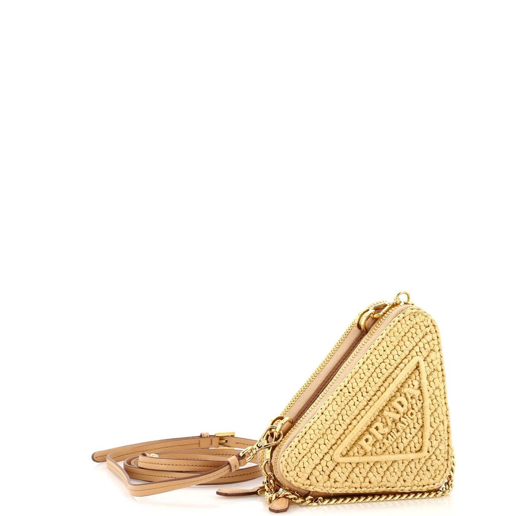 Prada Triangle Logo Zip Around Shoulder Bag Raffia and Leather Mini