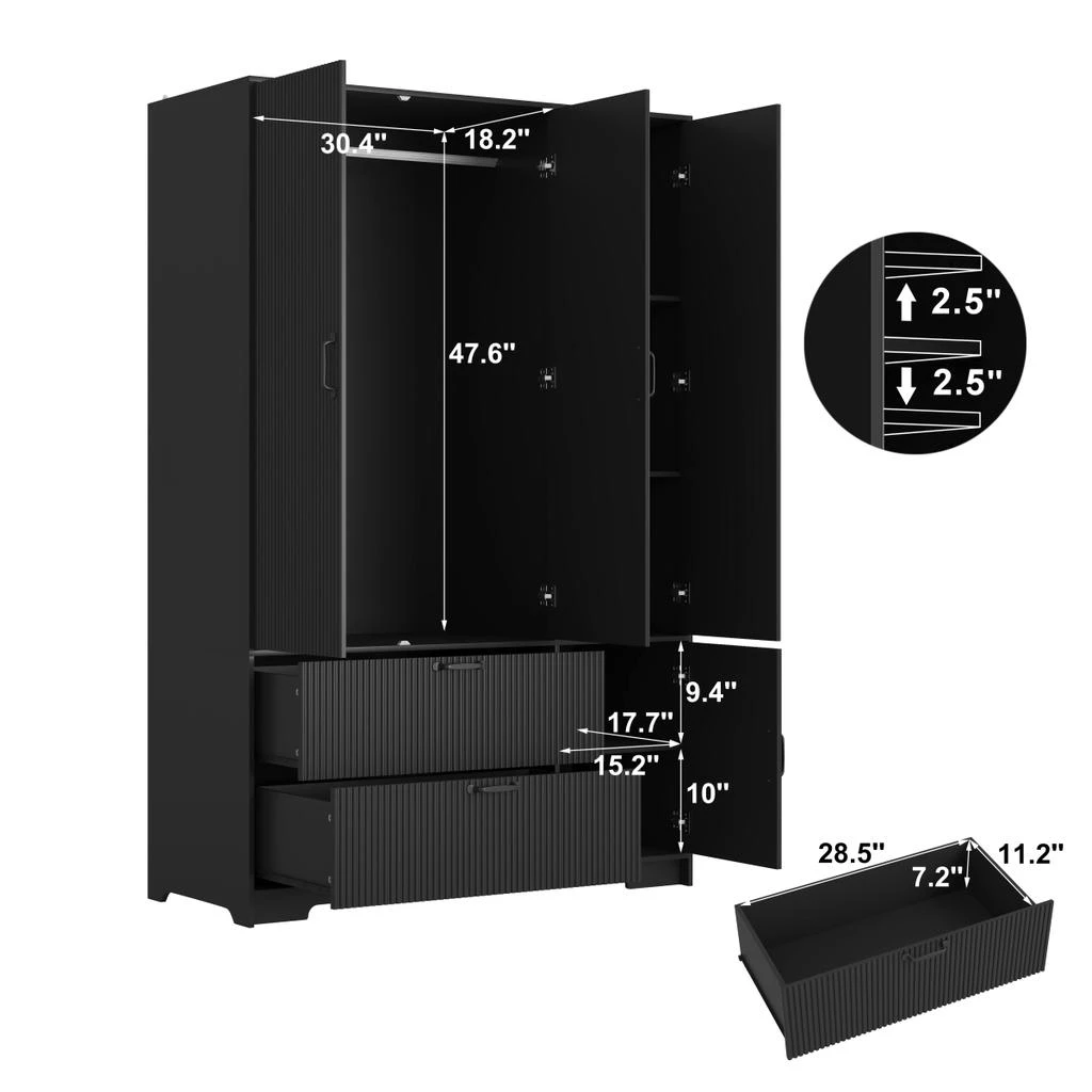 Streamdale Furniture Streamdale 4-Door Wardrobe with Mirror, LED, 2 Drawers, Black 2