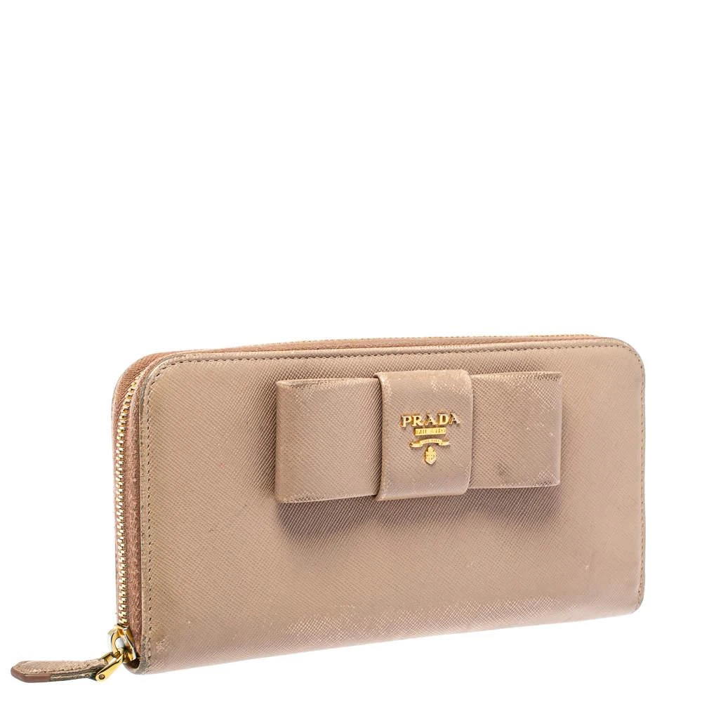 Prada Prada Beige Saffiano Leather Bow Zip Around Wallet 4