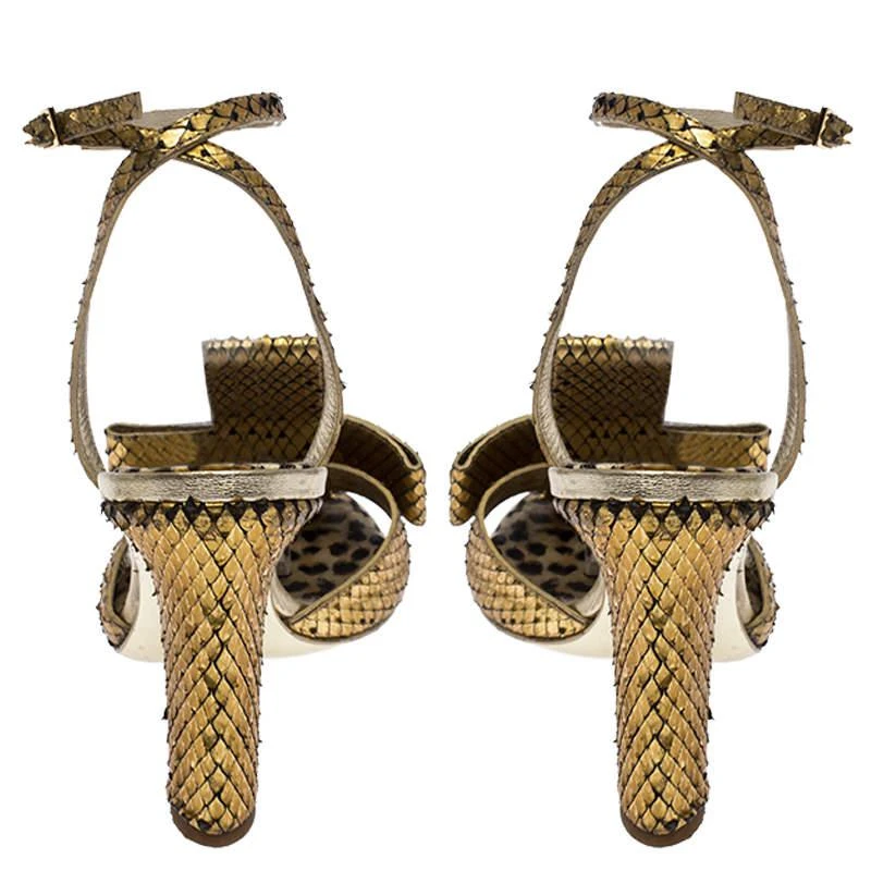 Roberto Cavalli Roberto Cavalli Metallic Gold Python Leather Embellished Ankle Strap Sandals Size 38 5