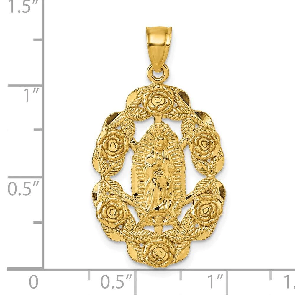Diamond2Deal 10k Yellow Gold Polished Diamond-cut Our Lady of Guadalupe with Flowers Medal Pendant 4