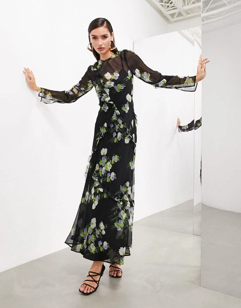 ASOS ASOS EDITION long sleeve chiffon maxi dress with frills in black floral 1