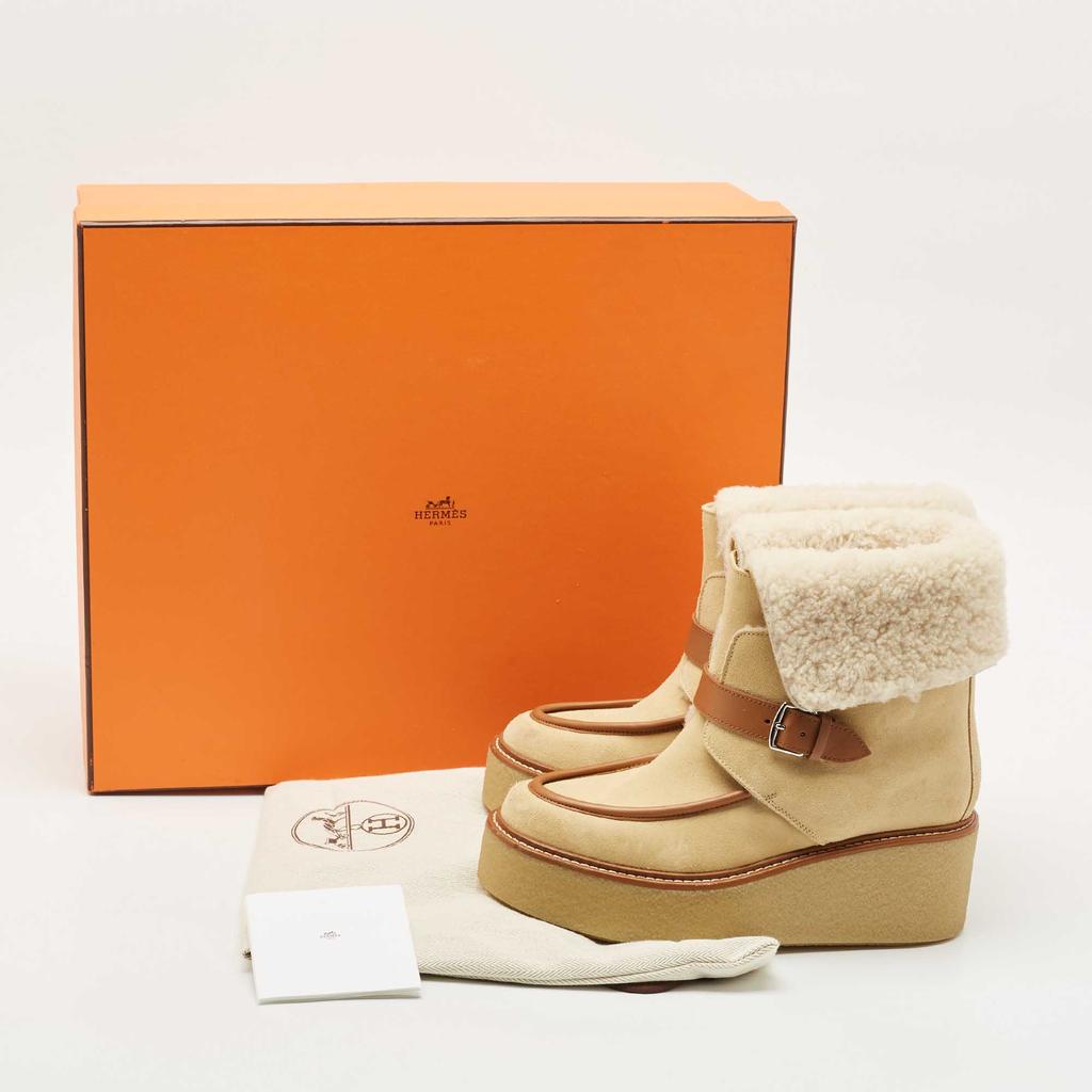 Hermes Beige Suede and Shearling Fur Hemisphere Ankle Boots Size