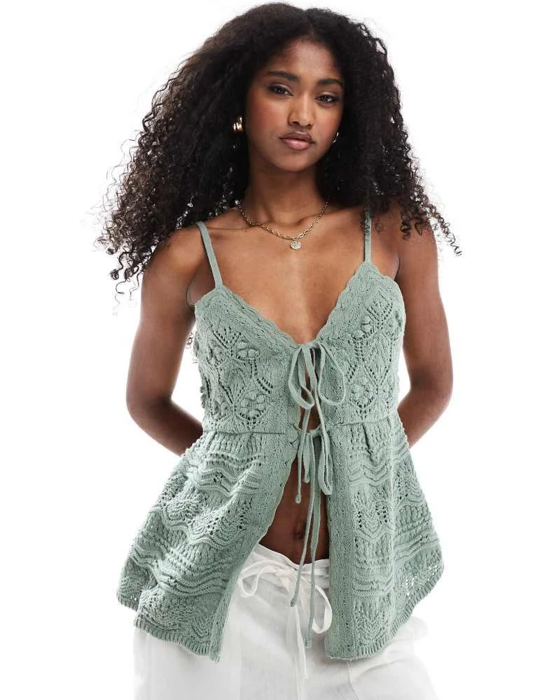 HOLLISTER Hollister tie front crochet top in green 1