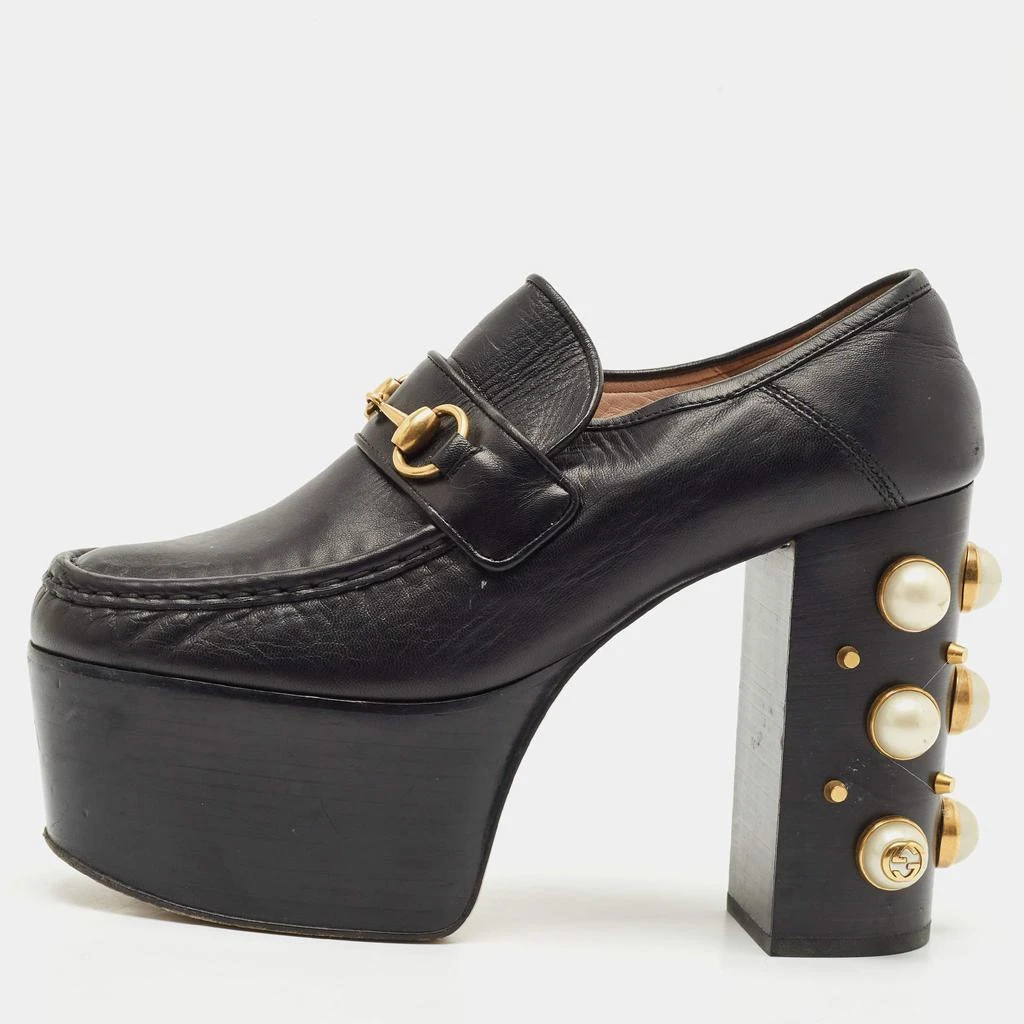 Gucci Gucci Black Leather Pearl Studded Vegas Platform Loafer Pumps Size 39 1