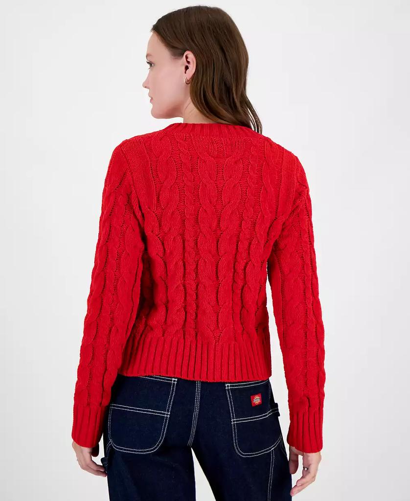 Hippie Rose Juniors' Crewneck Chunky Cable-Knit Cardigan