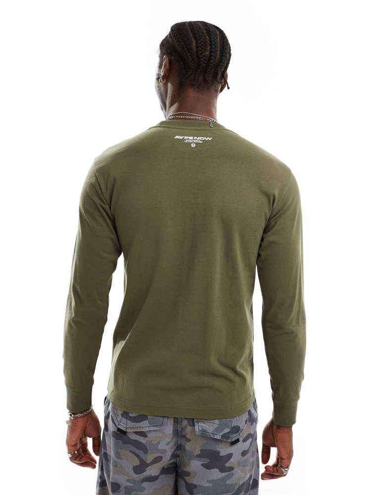 AAPE Aape by A Bathing Ape long sleeve logo t-shirt in dark khaki