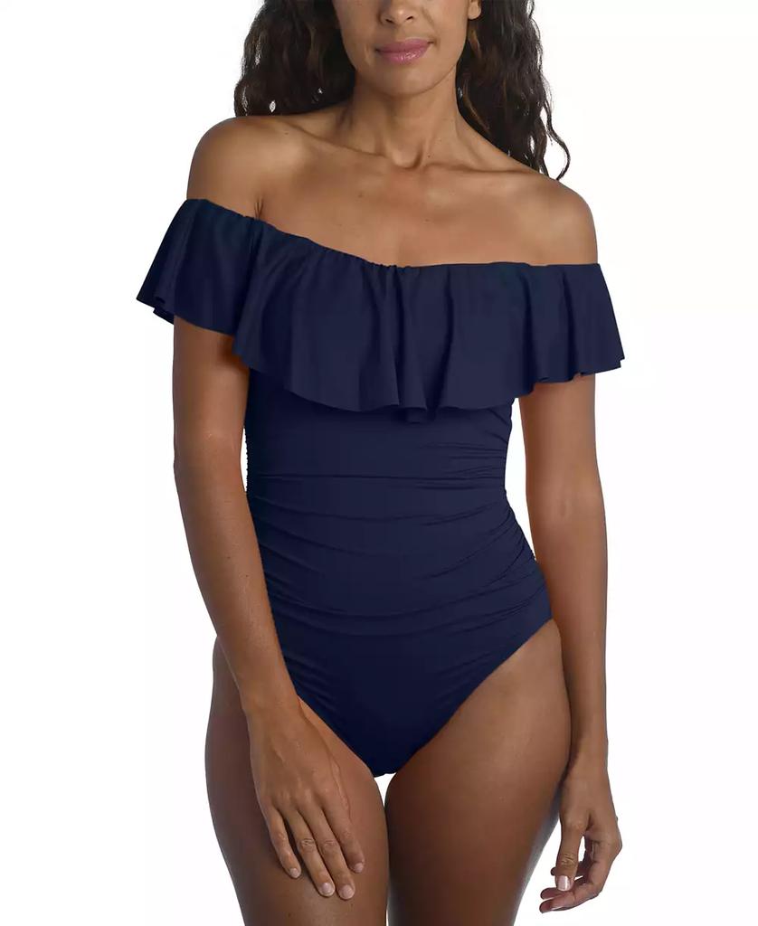 La Blanca Island Goddess Off-The-Shoulder Ruffled Tummy-Control One-Piece Swimsuit