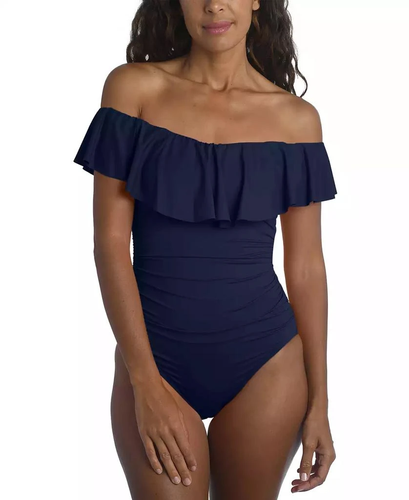 La Blanca Island Goddess Off-The-Shoulder Ruffled Tummy-Control One-Piece Swimsuit 1