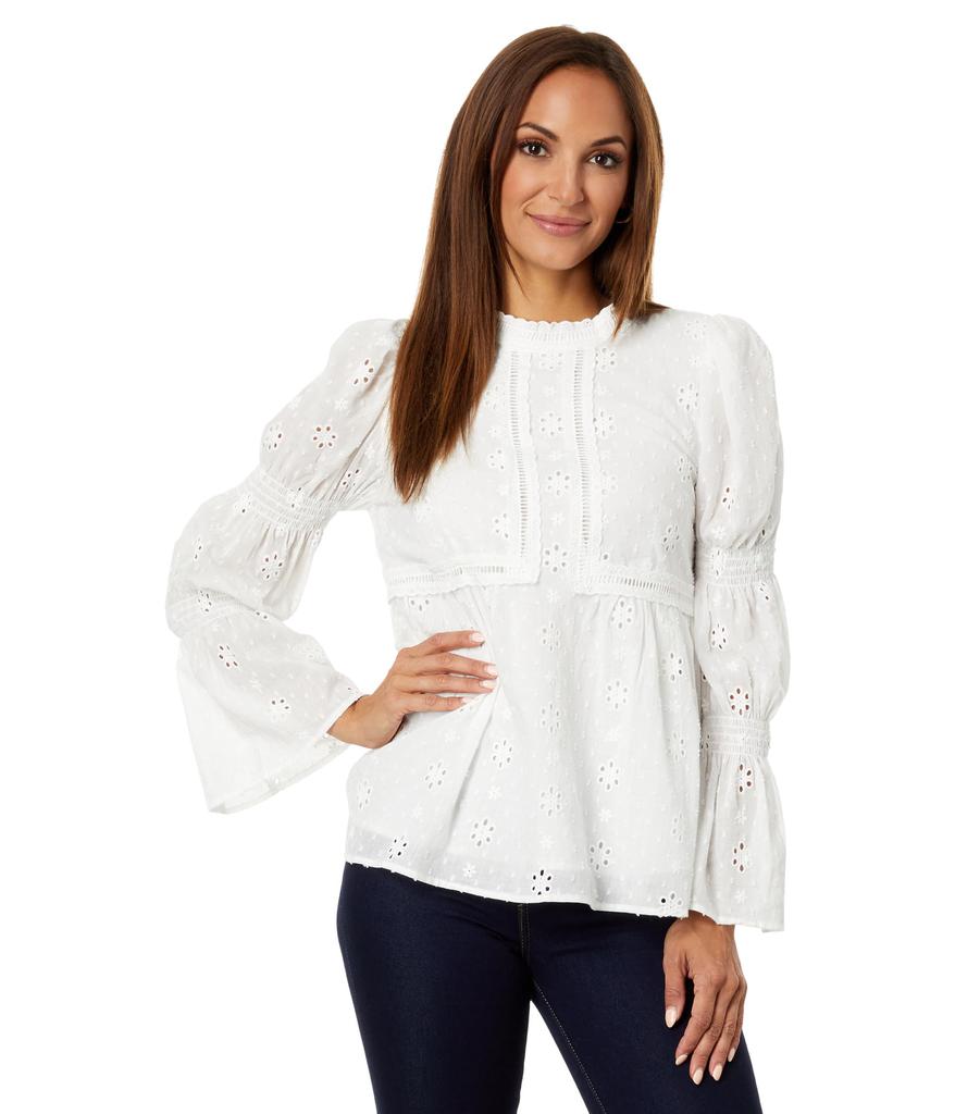 English Factory Embroidered Swiss Dot Ruched Sleeve Top