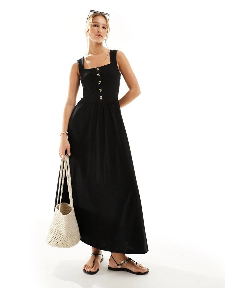 ASOS ASOS DESIGN square neck midi sundress with button detail in black 1