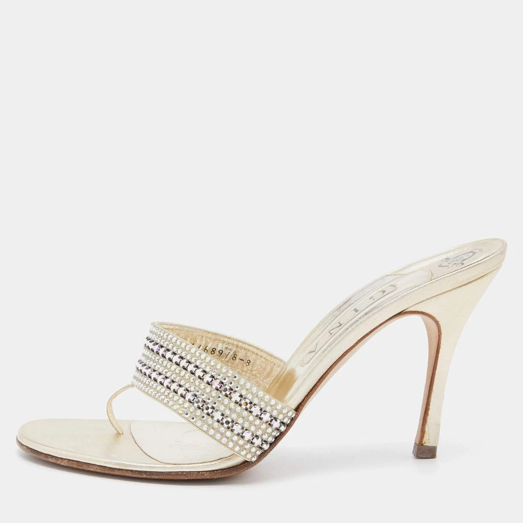 Gina Gina Gold Leather Crystal Embellished Slide Sandals Size 41 1