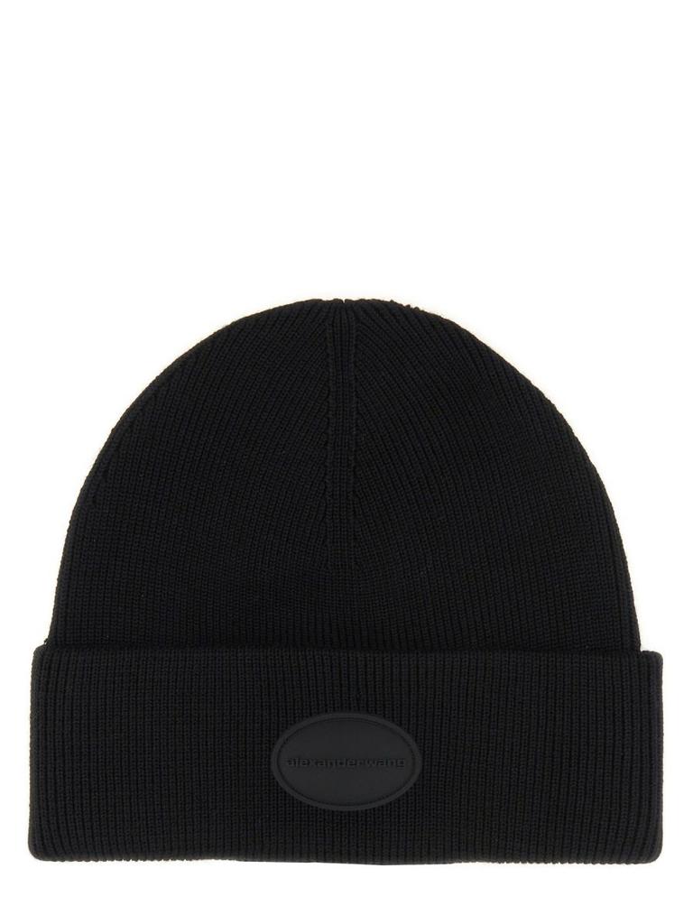 【ALEXANDER WANG】LOGO EARMUFF BEANIE logo earmuff beanie in ribbed wool stretch in BLACK
