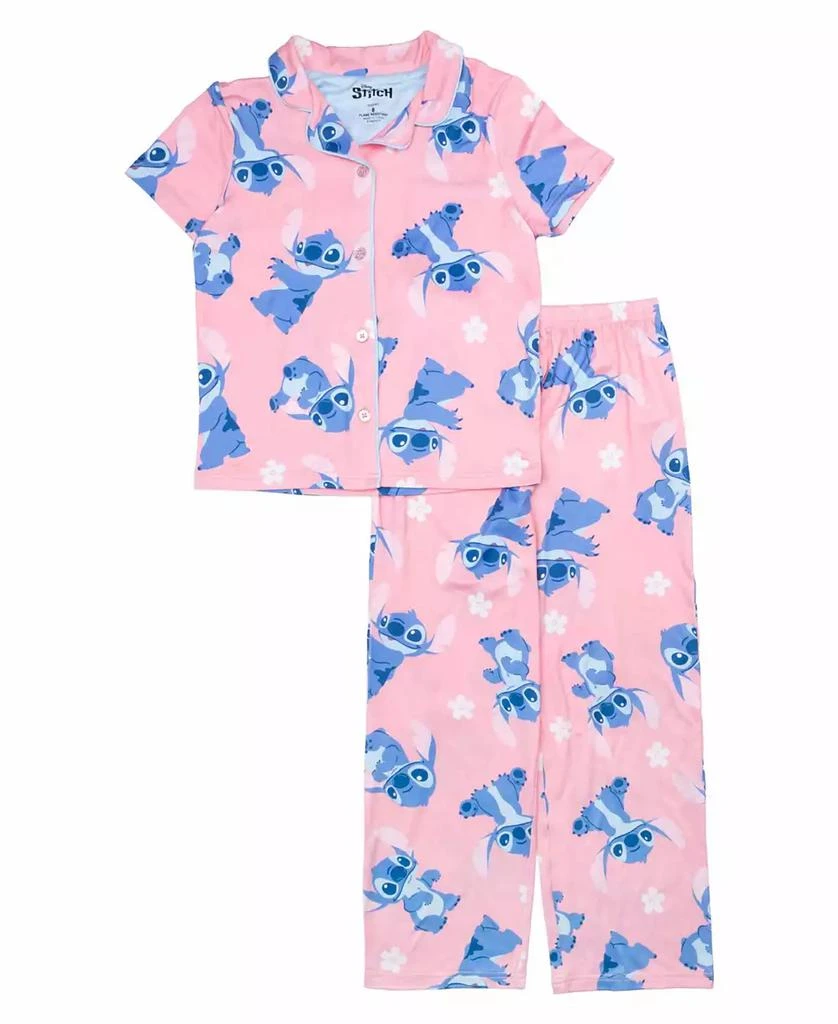 Lilo Stitch Little and Big Girls Short Sleeve Button Down Sleep Shirt and Open Leg Pant, 2-Piece Pajama Set 1