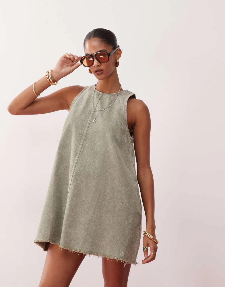 Monki Monki sleeveless a line mini dress with frayed edge in khaki 1