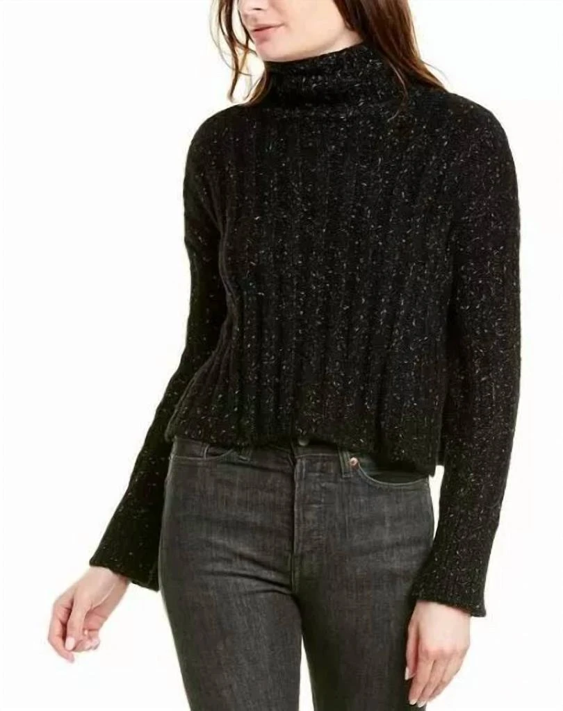 Pam & Gela Sweater Side Slit Turtleneck Wool Blend Metallic In Black 1