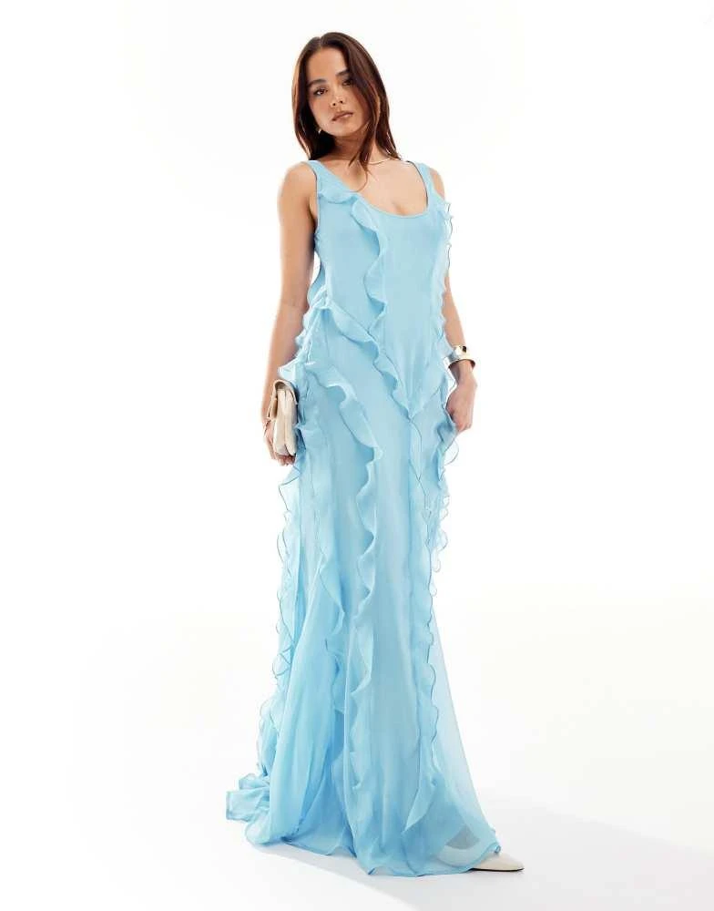 ASOS ASOS DESIGN ruffle maxi dress with scoop back in blue 1