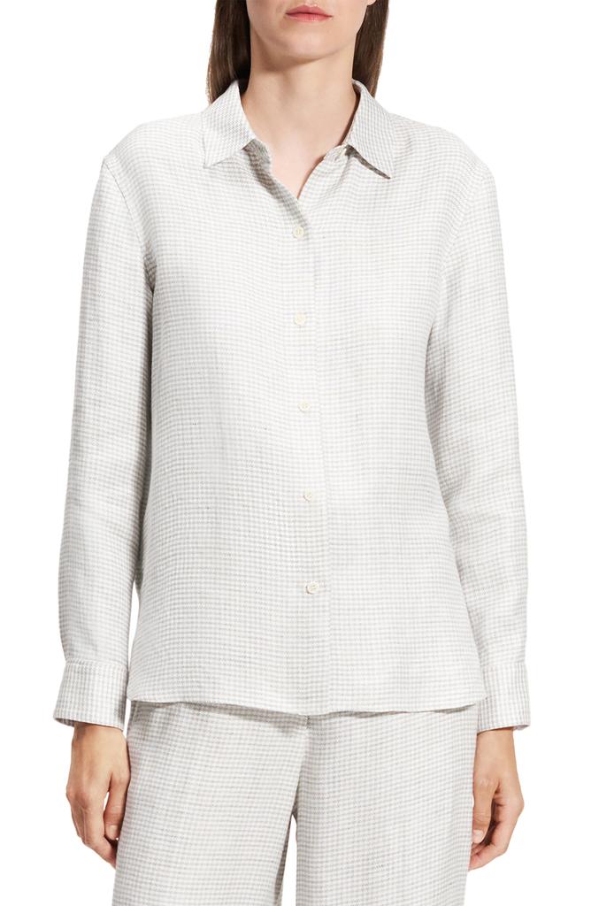 Theory B.Mela Houndstooth Linen Blend Button-Up Shirt
