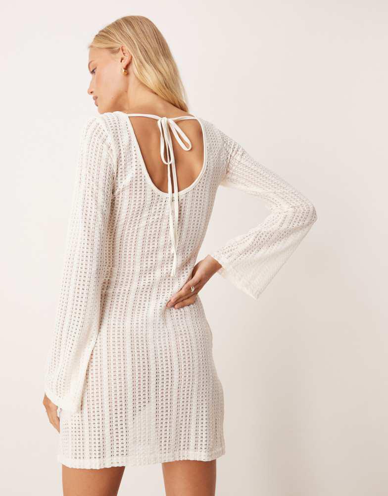Brave Soul Brave Soul Long sleeve knitted mesh mini dress in off white