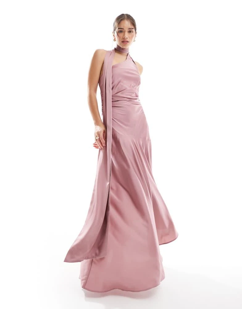 tfnc pink bridesmaid dress TFNC Bridesmaids satin dropped shoulders bias cut maxi dress in dusty pink