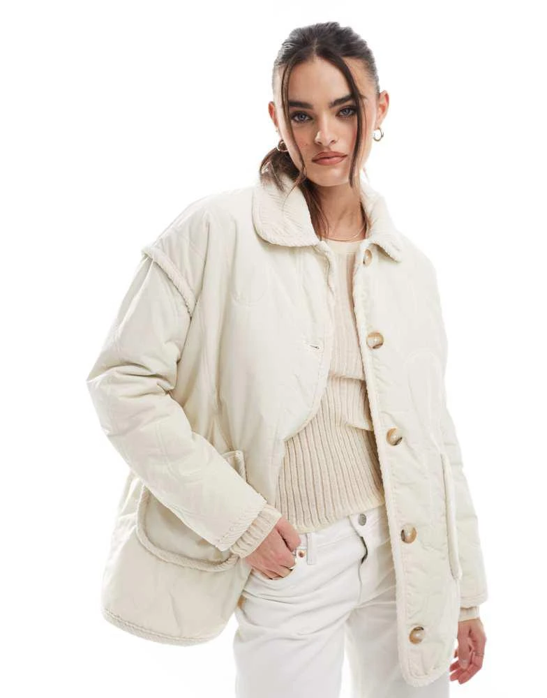 Threadbare Threadbare quilted jacket with cord detail in cream 1