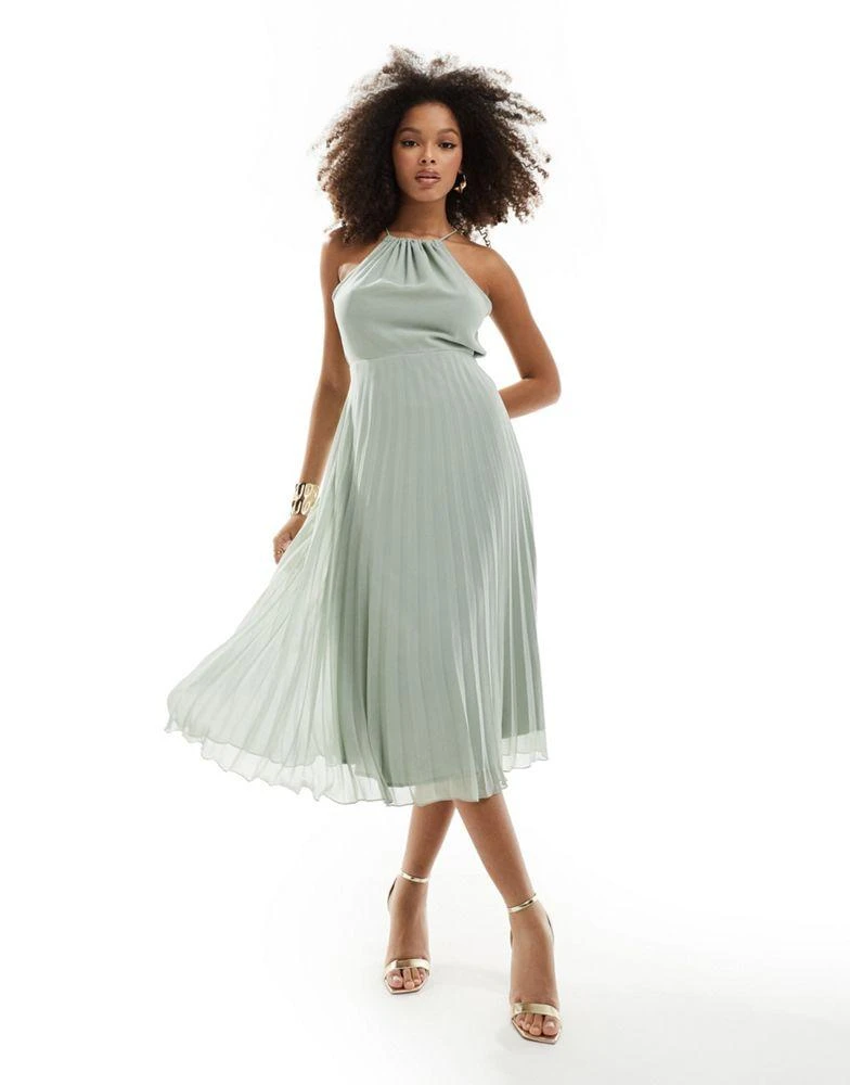 ASOS ASOS DESIGN pleated chiffon midi dress with halter neck in sage green 1