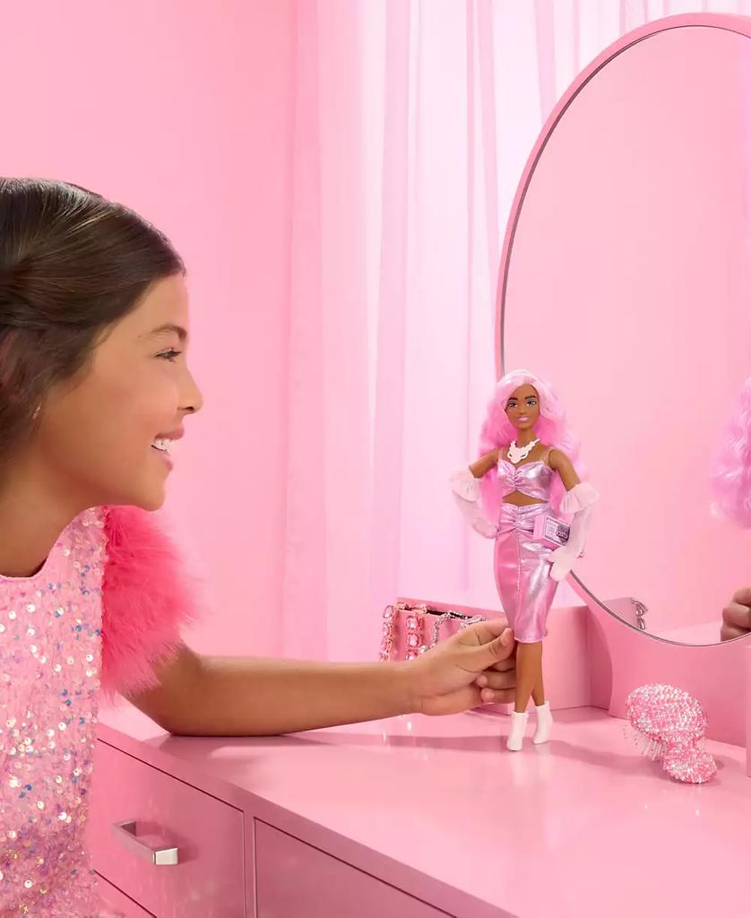 Barbie Deluxe Style Doll 1 in Glossy Pink Barbiecore Dress with Velvet Gloves, Pink Hair