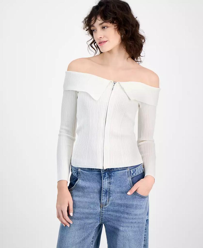 Bar III Women's Off-The-Shoulder Zippered Long-Sleeve Top, Exclusively at Macy's