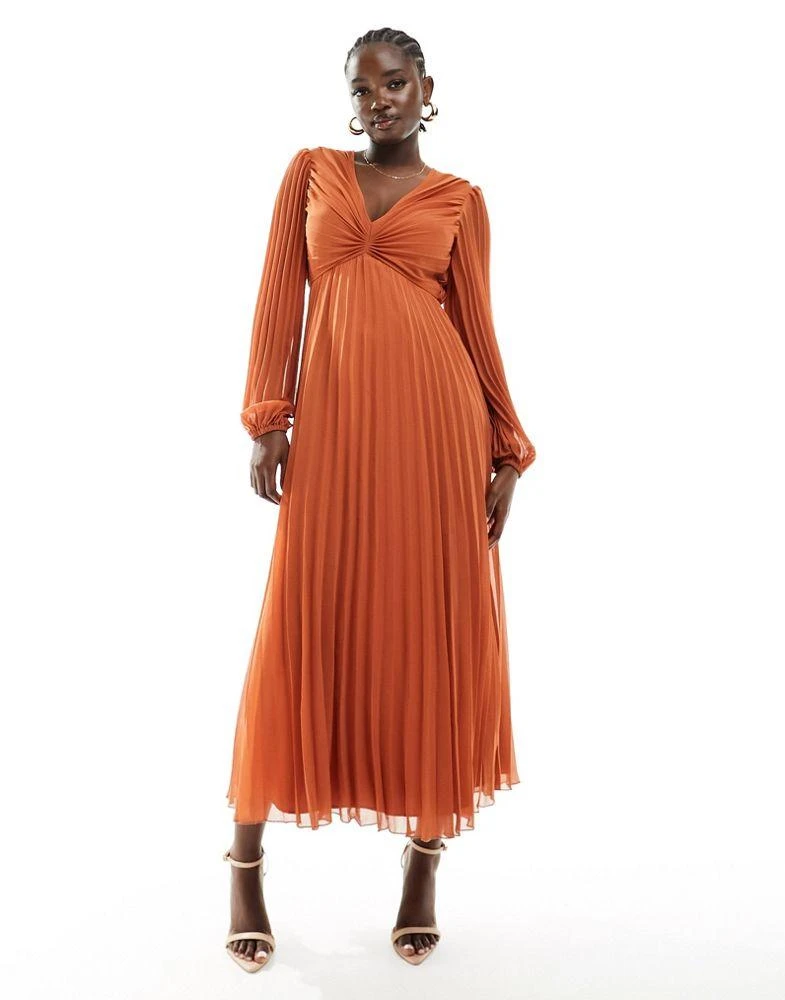 ASOS ASOS DESIGN pleated bodice plunge neck midi dress in rust 3