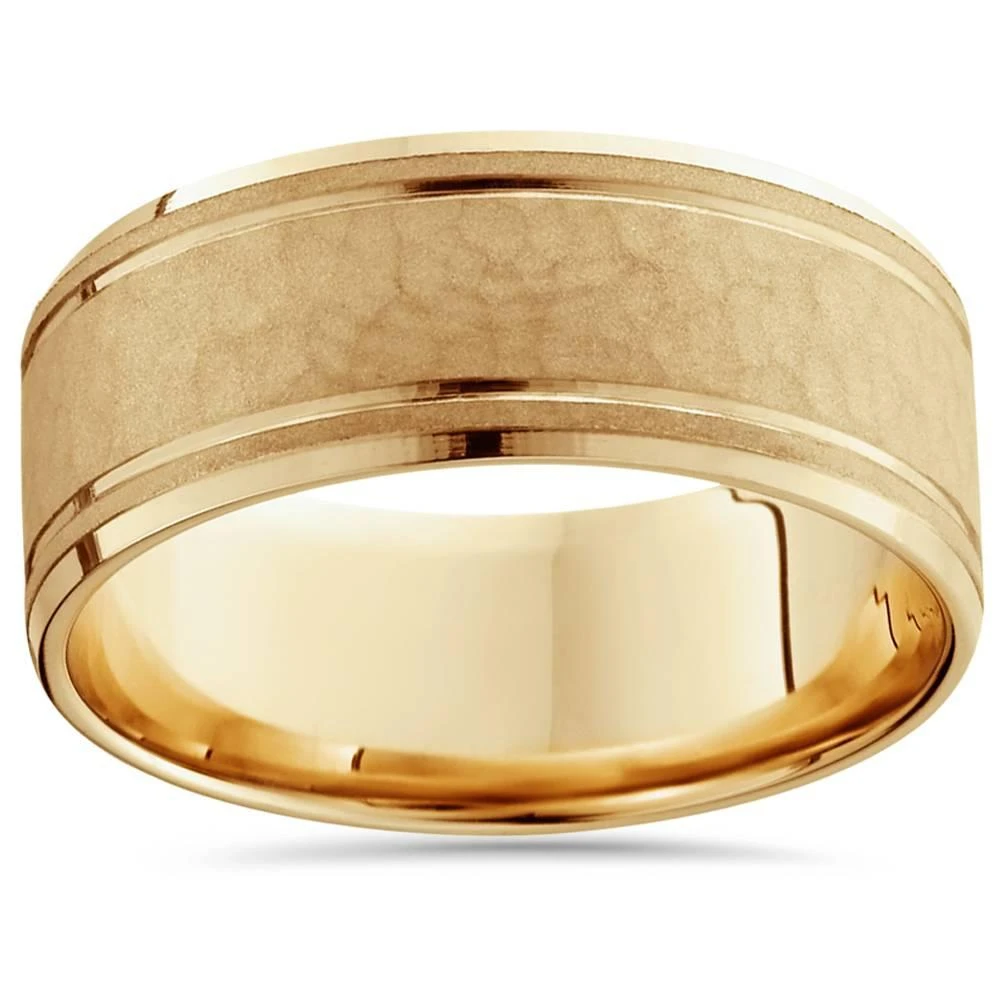 Pompeii3 8mm Hammered Center Mens Wedding Band 14K Yellow Gold Size Selectable