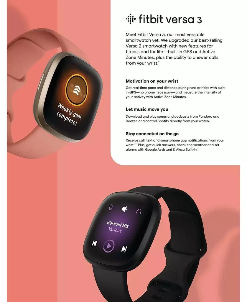 Fitbit Versa 3 Pink Clay Strap Smart Watch 39mm 7