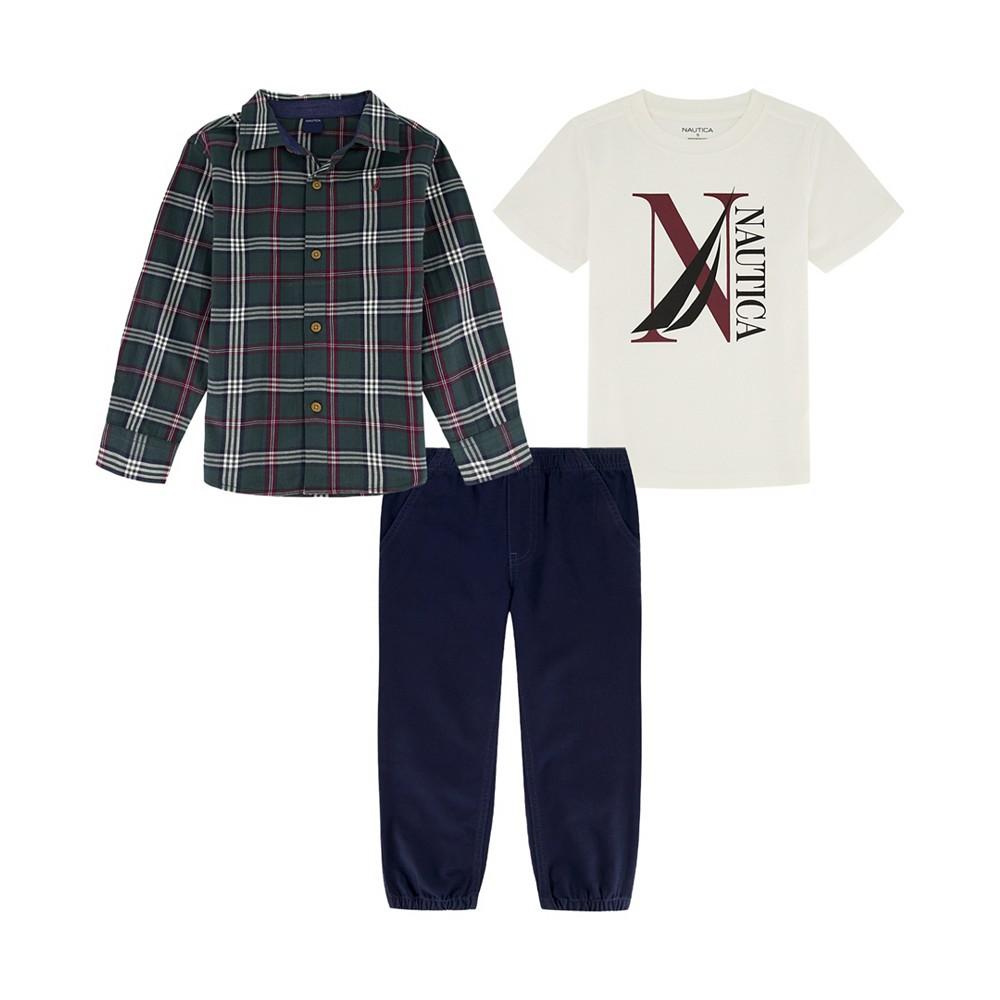 Nautica Baby Boys J-Class Logo T-shirt, Long Sleeve Plaid Shirt and Twill Joggers, 3 Piece Set