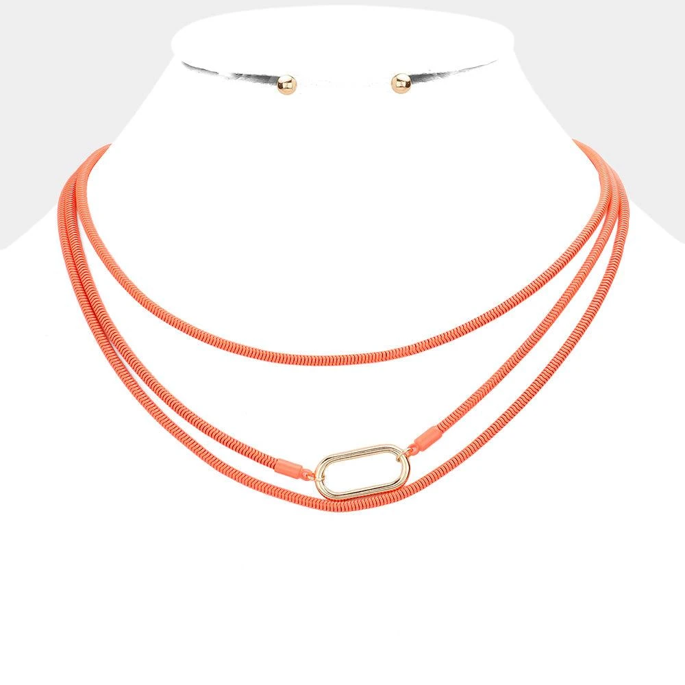 FASHNZFAB Open Metal Oval Accented Colored Chain Layered Necklace