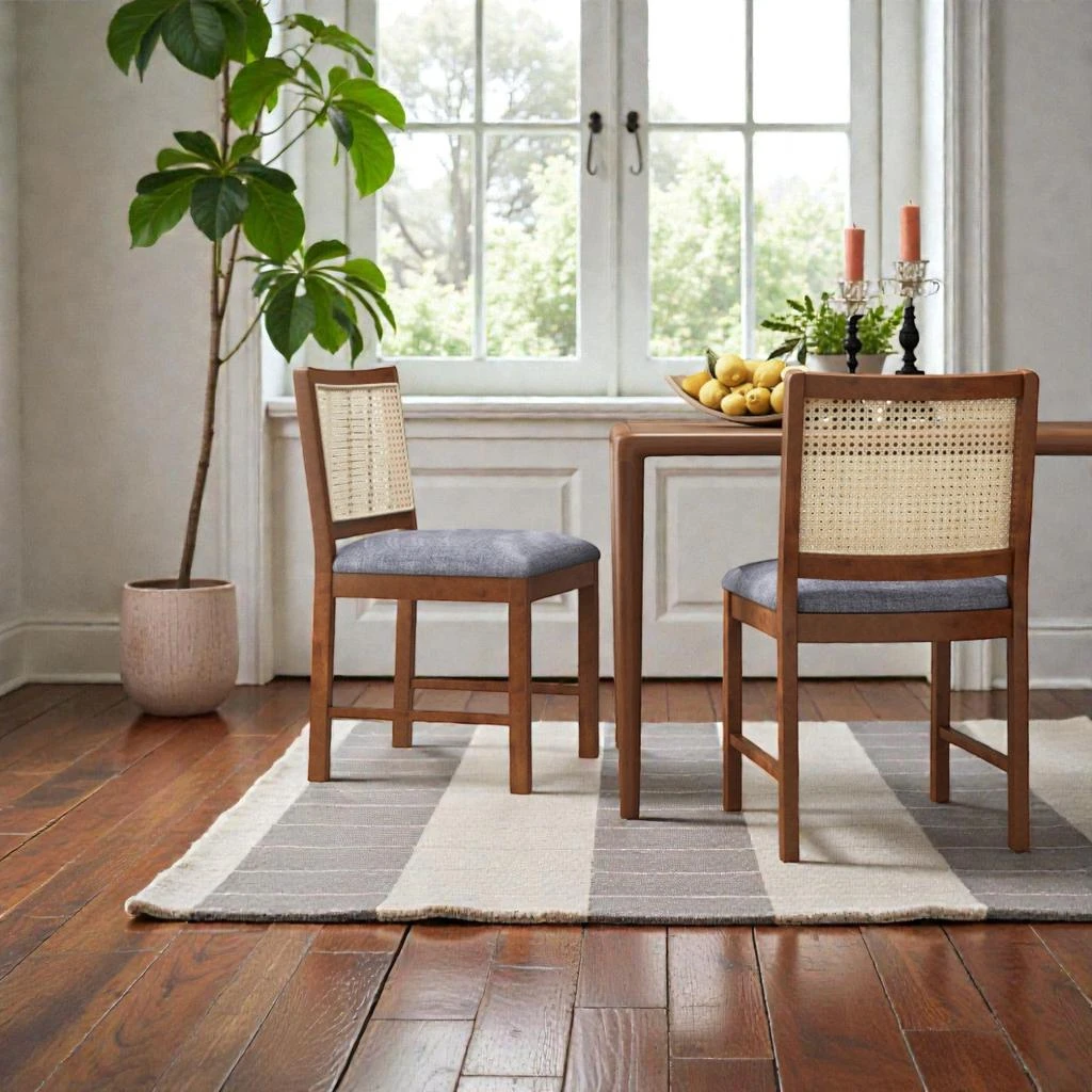Hivvago Rattan-Accented Dining Chairs in a Set of Two with Rubberwood Frames and Linen Upholstered Seats