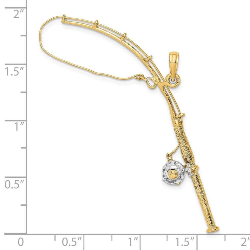 Diamond2Deal 10k Yellow Gold Rhodium 3-D Moveable Fishing Pole Reel Pendant 3