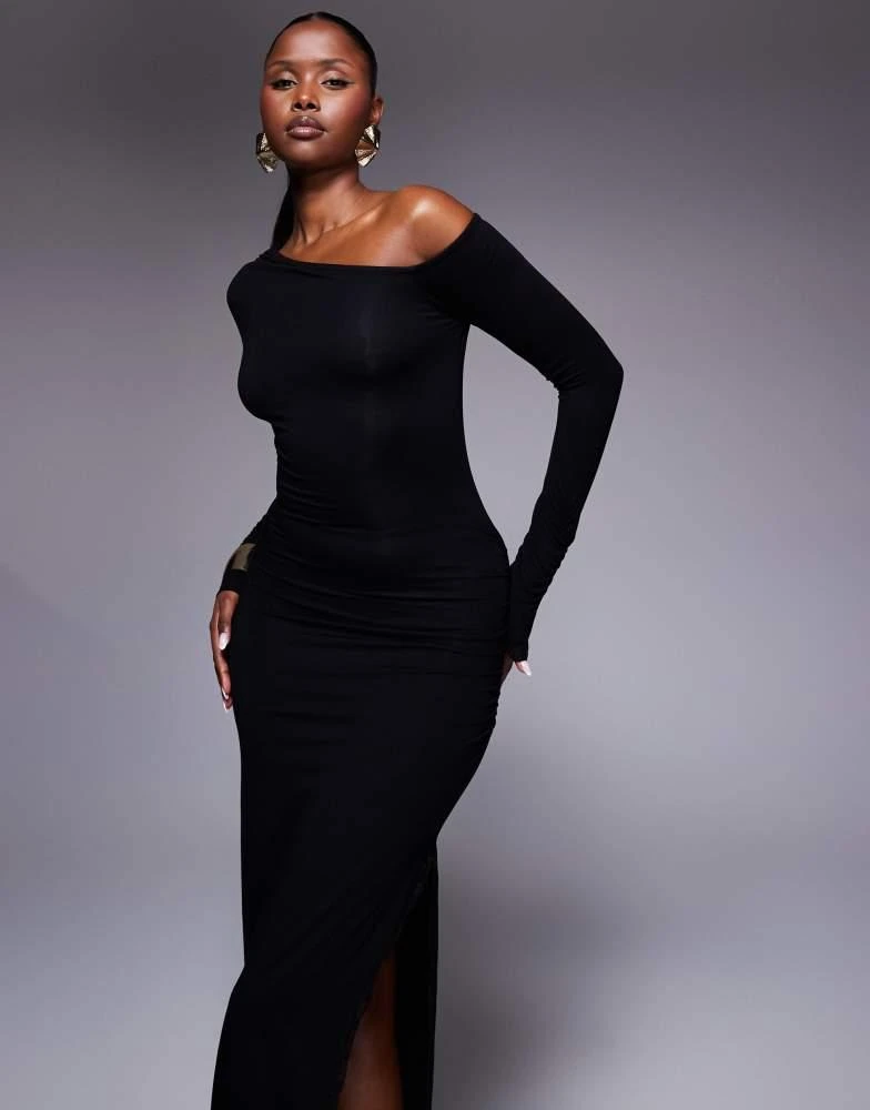 ASOS ASOS DESIGN asymmetric ruched shoulder maxi dress with lace trim in  black - Dresses & Skirts - BeyondStyle