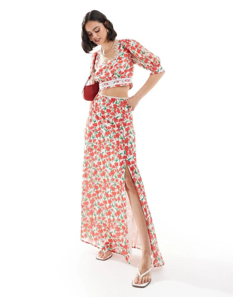 Hope & Ivy Hope & Ivy maxi skirt with thigh split in cherry print co-ord 1