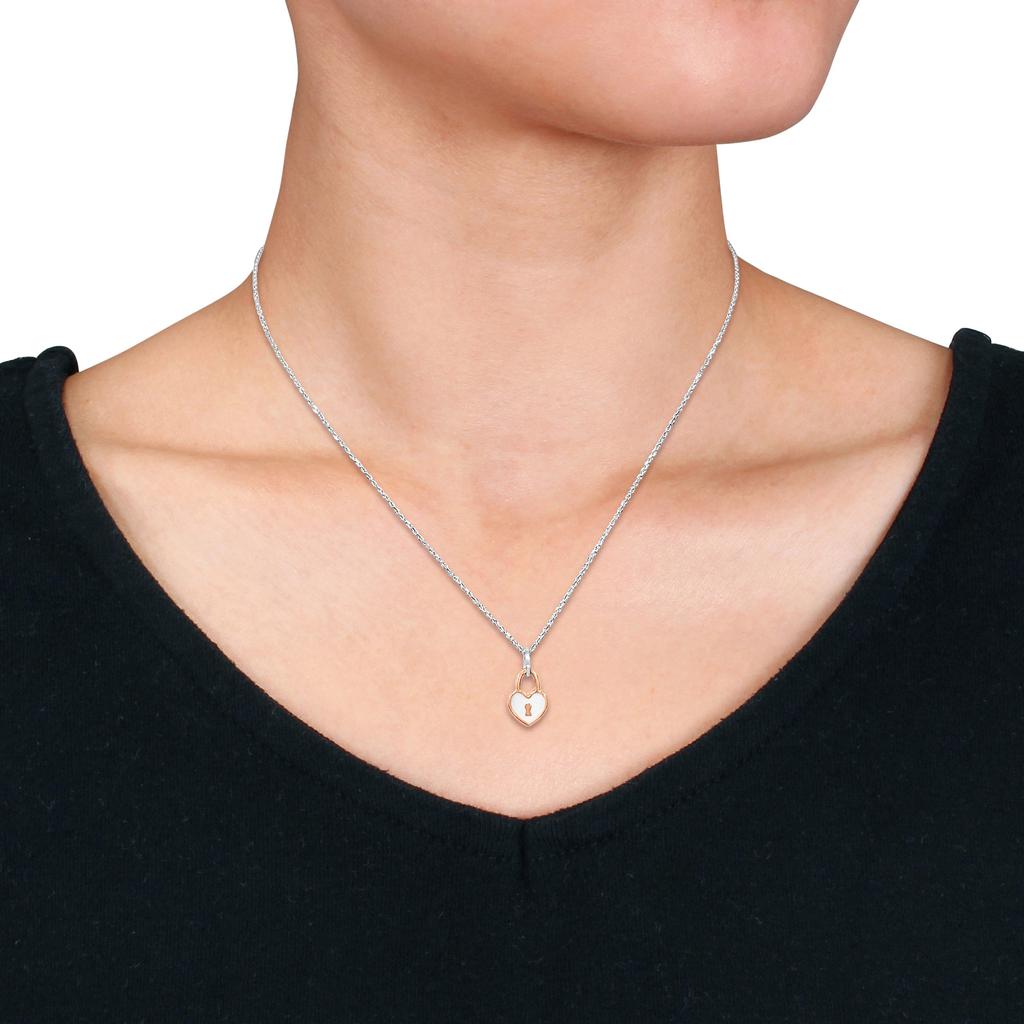 Mimi & Max Pink Heart Lock Charm Necklace w/ White Enamel in Sterling Silver- 16+2 in.