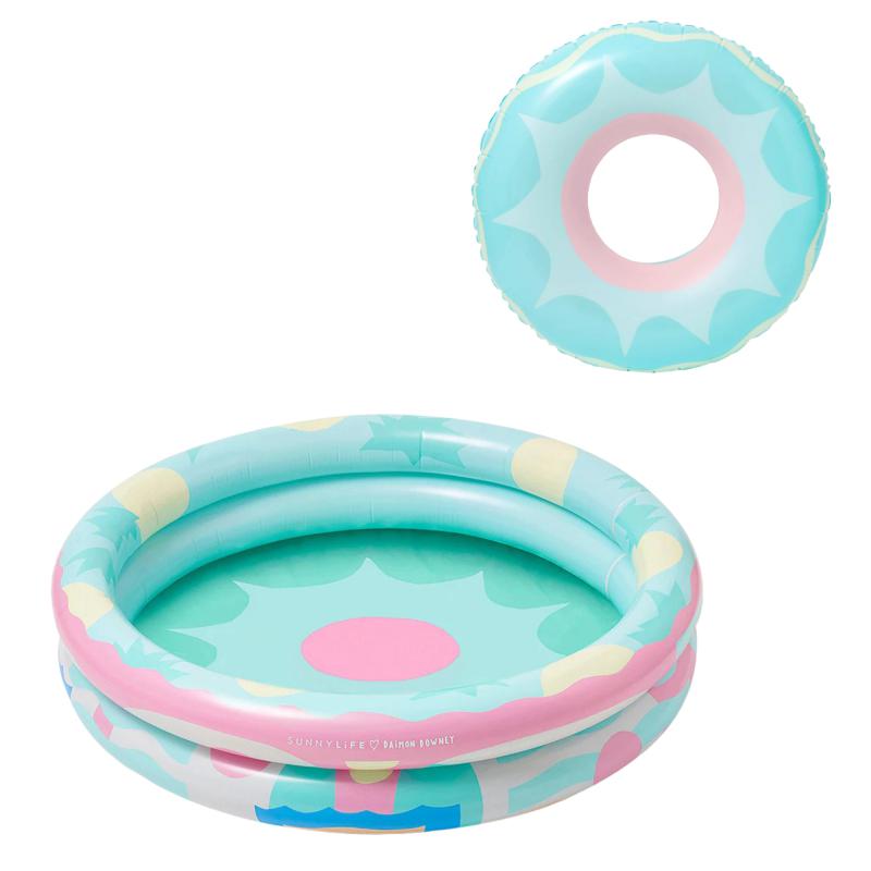 Sunnylife Miami inflatable pool and swim ring set in blue