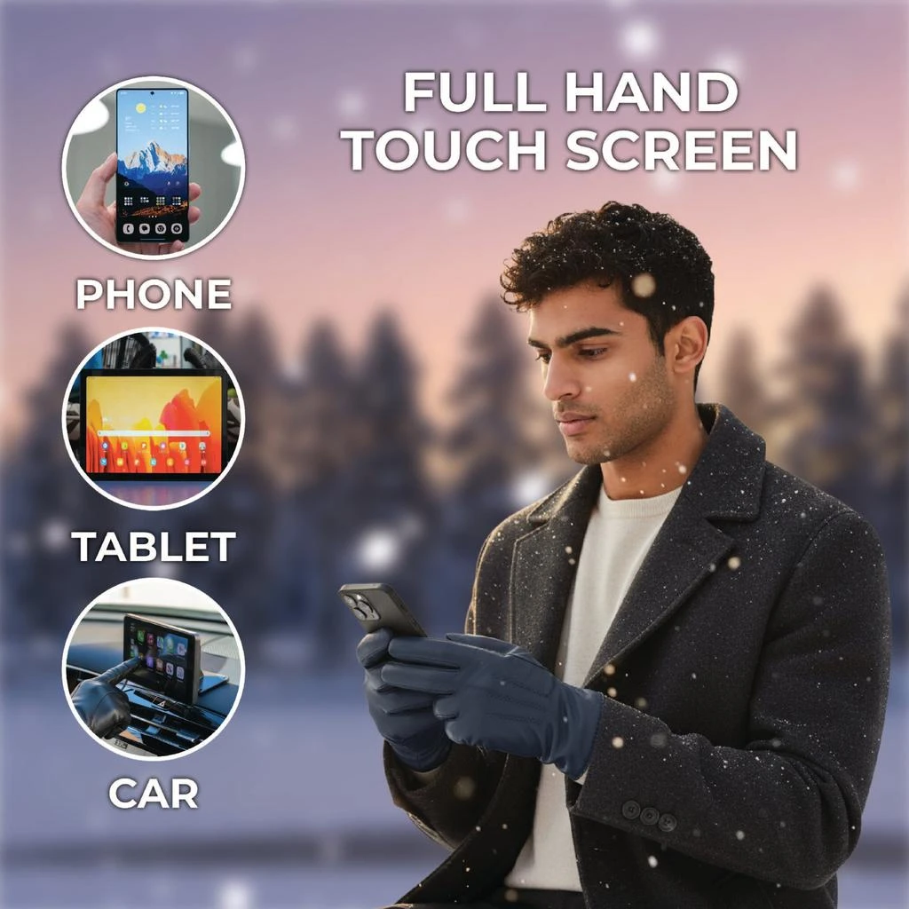 Infinity Leather Men’s Navy Blue Italian Leather Warm Wool Lining Winter Stich Design Riding Driving Casual Gloves 4