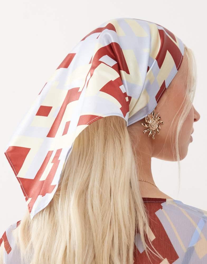 Reclaimed Vintage Reclaimed Vintage satin headscarf in blue and brown geo print coord